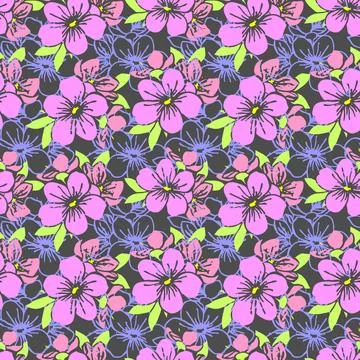 Seamless pattern of pink silhouettes and blue contours of flowers on a gray.. Stock Illustration