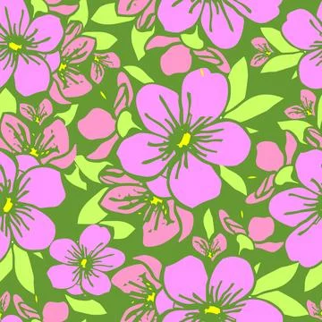 Seamless pattern of pink silhouettes of flowers on a green background Stock Illustration