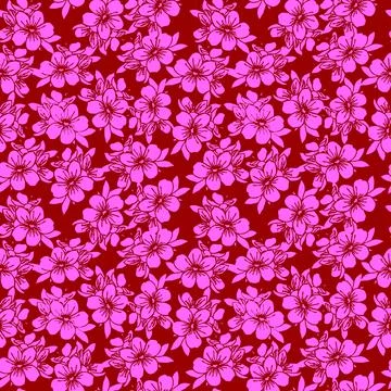 Seamless pattern of pink silhouettes of flowers on a red background, textur.. Stock Illustration