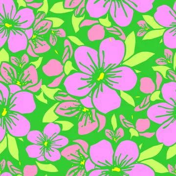Seamless pattern of pink silhouettes of flowers on a green background, text.. Stock-Illustration