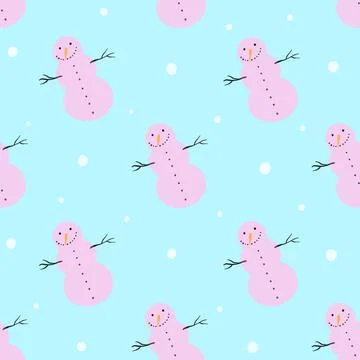 Seamless pattern with pink snowmen and snowflakes on a blue background. Stock Illustration