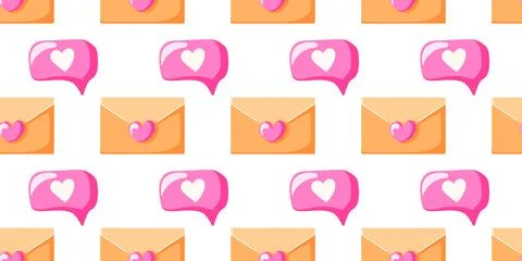 Seamless pattern with pink speech bubble and envelope with heart on white Stock Illustration