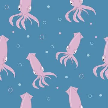 Seamless pattern with pink squid and bubbles Stock Illustration