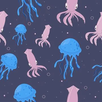 Seamless pattern with pink squid, blue jellyfish Stock Illustration