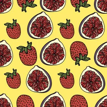 Seamless pattern with pink strawberries and figs. Stock Illustration