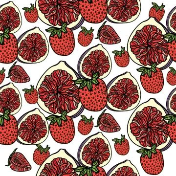 Seamless pattern with pink strawberries and figs. Stock Illustration