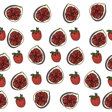 Seamless pattern with pink strawberries and figs. Stock Illustration