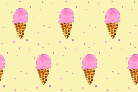 Seamless pattern with pink strawberry ice cream cone on yellow board Stock Illustration