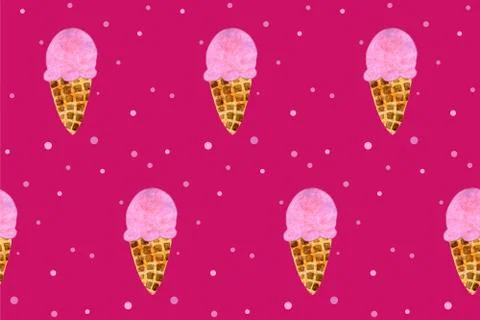 Seamless pattern with pink strawberry ice cream cone on purple board Stock Illustration