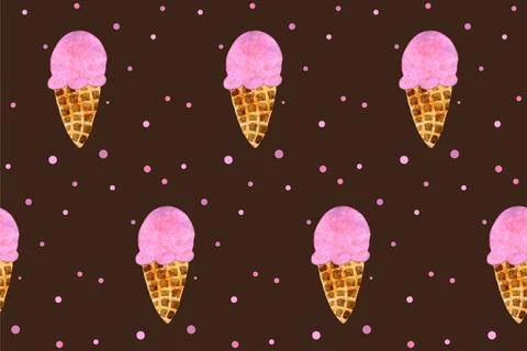 Seamless pattern with pink strawberry ice cream cone on black board. Trendy hand Stock Illustration