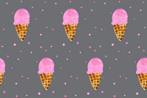 Seamless pattern with pink strawberry ice cream cone on grey board. Trendy wa Stock Illustration