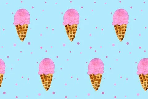 Seamless pattern with pink strawberry ice cream cone on blue board. Trendy wa Stock Illustration