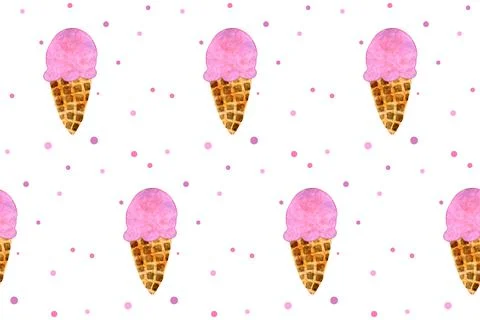 Seamless pattern with pink strawberry ice cream cone on white board. Trendy Stock Illustration