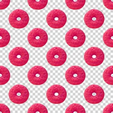 Seamless Pattern of Pink Sugar Coated Doughnut on Transparent Background 스톡 사진