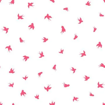 Seamless pattern with pink swallow silhouette on white background. Cute bird in Stock Illustration