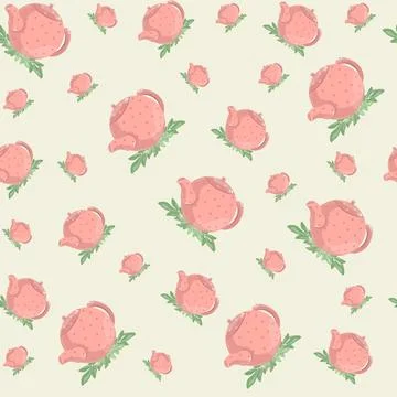 Seamless pattern with pink teapots and leaves on light coloured background. 스톡 일러스트