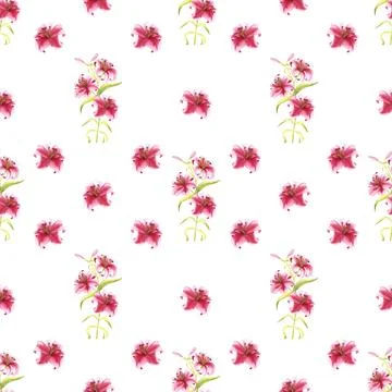Seamless pattern of pink tiger lily flowers, hand drawn watercolor illustration Stock Illustration