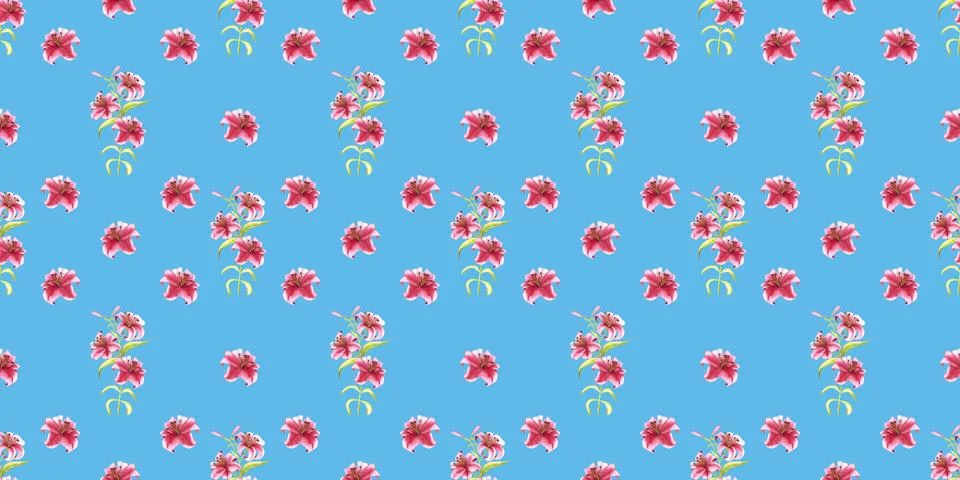 Seamless pattern of pink tiger lily flowers, hand drawn watercolor illustration Stock Illustration