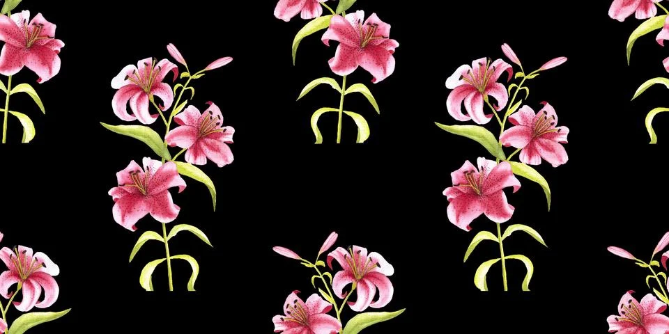 Seamless pattern of pink tiger lily flowers, hand drawn watercolor illustration Stock Illustration