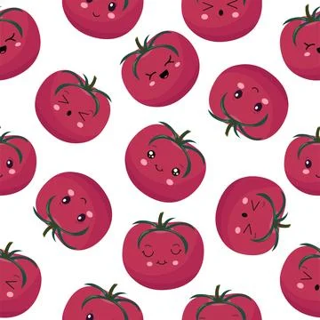 Seamless pattern of pink tomatoes in the style of kawaii. Vector illustration on Illustrazione stock