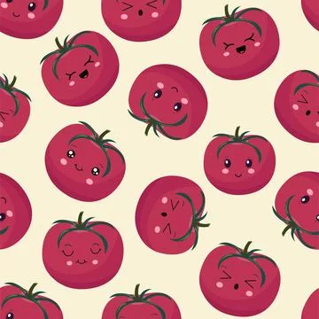 Seamless pattern of pink tomatoes in the style of kawaii. Vector illustration Stock Illustration