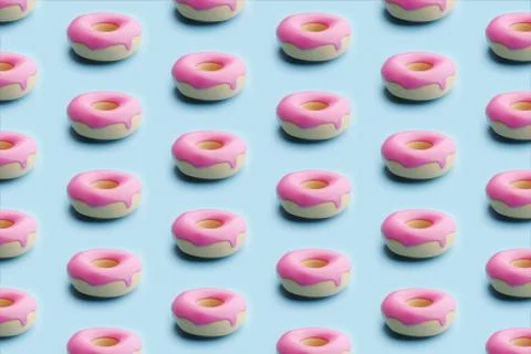 Seamless Pattern Of pink Topping Donuts On Pastel blue Background. 3d render Illustrazione stock