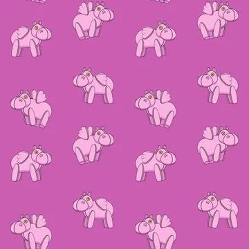Seamless pattern with pink toy hippo with wings Illustrazione stock