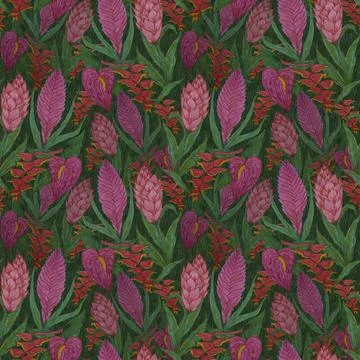 Seamless pattern of pink tropical flowers Stock Illustration