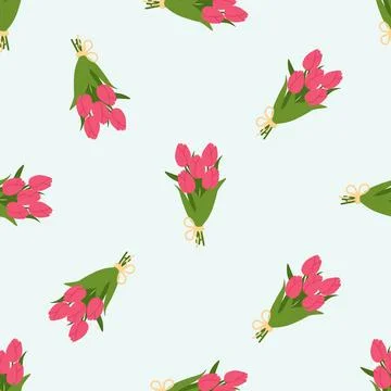 Seamless pattern with pink tulip bouquets tied with yellow bows on light pa.. Stock Illustration