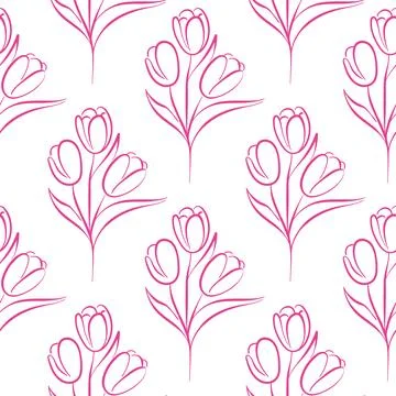 Seamless pattern with pink tulip flower in line art style. Floral background for Stock Illustration