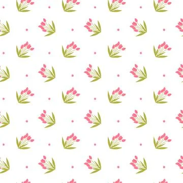 Seamless pattern with pink tulips and green leaves on white background Stockillustratie