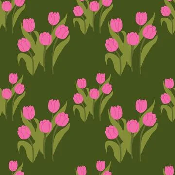 Seamless pattern with pink tulips and green leaves on a deep olive backgrou.. Stock Illustration