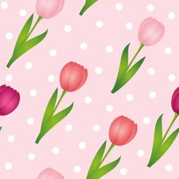 Seamless pattern pink tulips dotted spring design background Stock Illustration