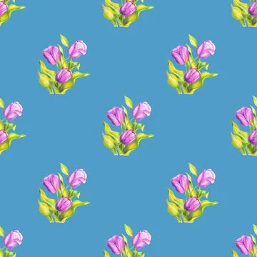 Seamless pattern of pink tulips hand drawn with colored pencils on blue Stock Illustration