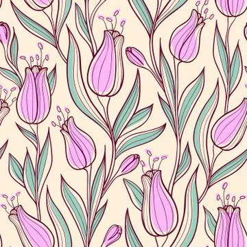Seamless pattern with pink tulips Stock Illustration