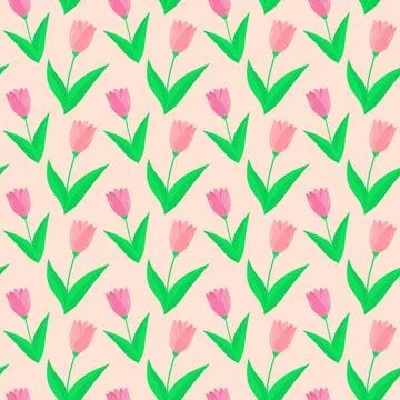 Seamless pattern with pink tulips. Vector floral background with spring flowers Stock Illustration