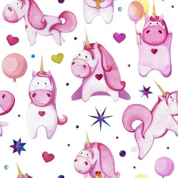 Seamless pattern with pink unicorns. Drawing with watercolor Stock Illustration