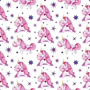 Seamless pattern with pink unicorns. Drawing with watercolor Illustrazione stock