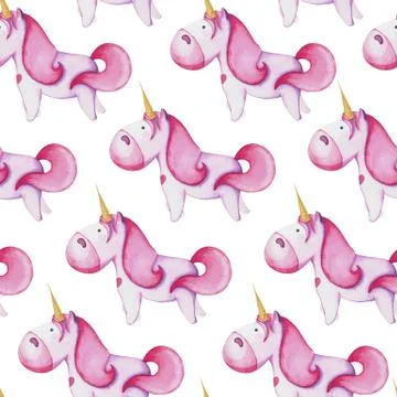 Seamless pattern with pink unicorns. Drawing with watercolor Illustrazione stock