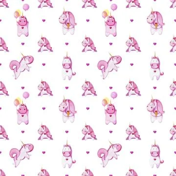 Seamless pattern with pink unicorns. Drawing with watercolor Stock Illustration