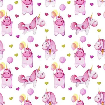 Seamless pattern with pink unicorns. Drawing with watercolor Stock Illustration