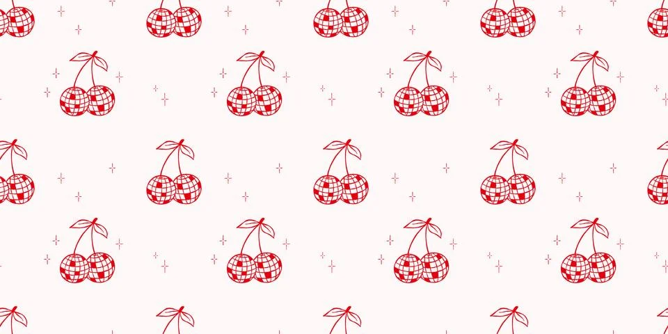 Seamless pattern with pink whimsical disco ball cherry. Hand drawn vector b.. Stock Illustration