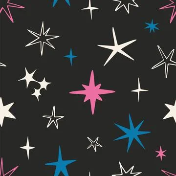 Seamless pattern with pink, white and blue scribble stars. Cheerful and tre.. Stock Illustration