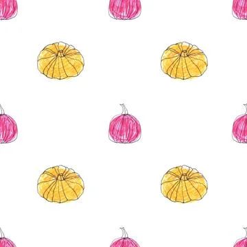 Seamless pattern of pink yellow pumpkins, hand drawn with ink, felt-tip pens Stock Illustration