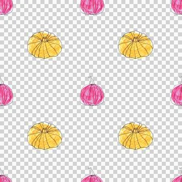 Seamless pattern of pink yellow pumpkins, hand drawn with ink and felt-tip pens Stock Illustration