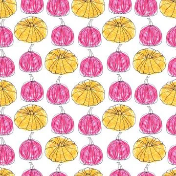 Seamless pattern of pink yellow pumpkins, hand drawn with ink and felt-tip pens Stock Illustration