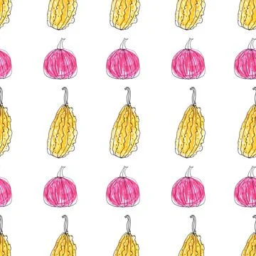 Seamless pattern of pink yellow pumpkins, hand drawn with ink and felt-tip pens Stock Illustration