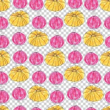 Seamless pattern of pink yellow pumpkins, hand drawn with ink and felt-tip pens Stock Illustration