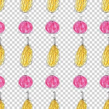 Seamless pattern of pink yellow pumpkins, hand drawn with ink and felt-tip pens Stock Illustration