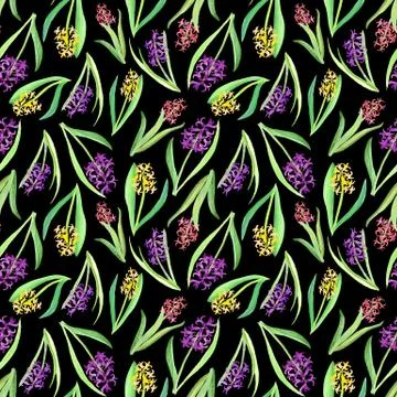 Seamless pattern of pink yellow purple Hyacinth flowers and leaves. Spring Stock Illustration